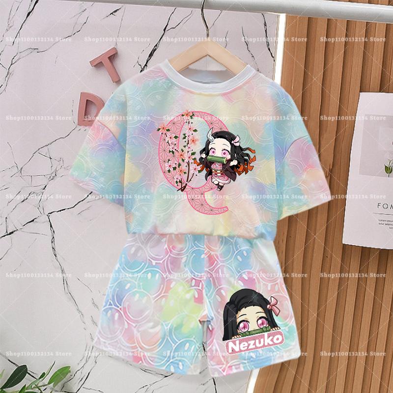 Demon Slayer Girl Tie-dye Smlie Tees Children Nezuko Short Sleeves Baby T Shirt Shorts 2pcs Kids Kawaii Summer Clothing Set New