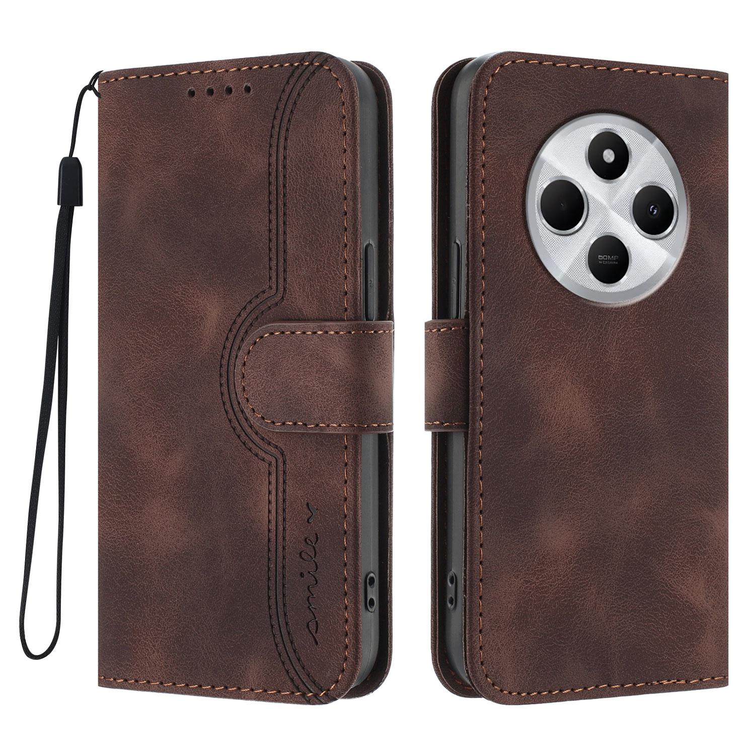 

For Xiaomi Redmi A3 Pro 4G/A4 5G/14R 5G/14C 4G/Poco C75 4G Leather Case Wallet Stand Smile Imprinted Phone Cover with Strap Coffee