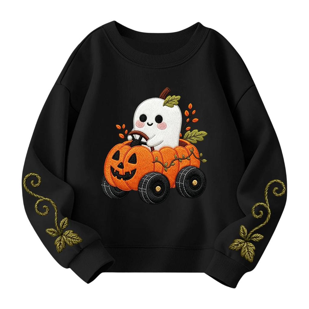 Kids' casual long-sleeved sweatshirt with Halloween print, suitable for holiday parties and everyday wear.