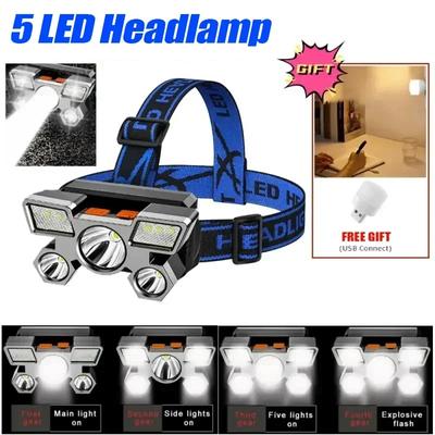 5 LED Flashlight Rechargeable with Built In 18650 Battery Strong Light Camping Adventure Fishing Head Light Headlamp