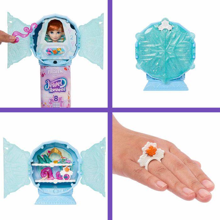 Poupée Jewel Reveal Anna, La Reine des Neiges, accessoires avec 8 surprises, 1 boîte a bijoux en forme de flocon de neige, 1 bague p