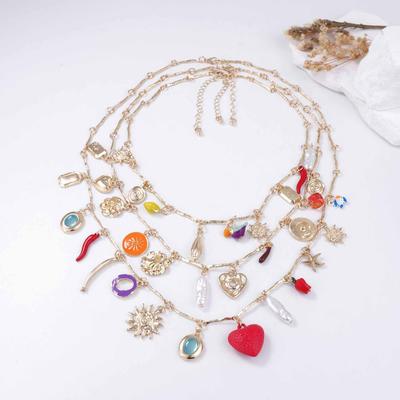 ZA Collier multi-couches tendance rétro personnalisé transfrontalier avec pendentifs variés : amour rouge à l'huile dégoulinante, tournesol en alliage, etc.