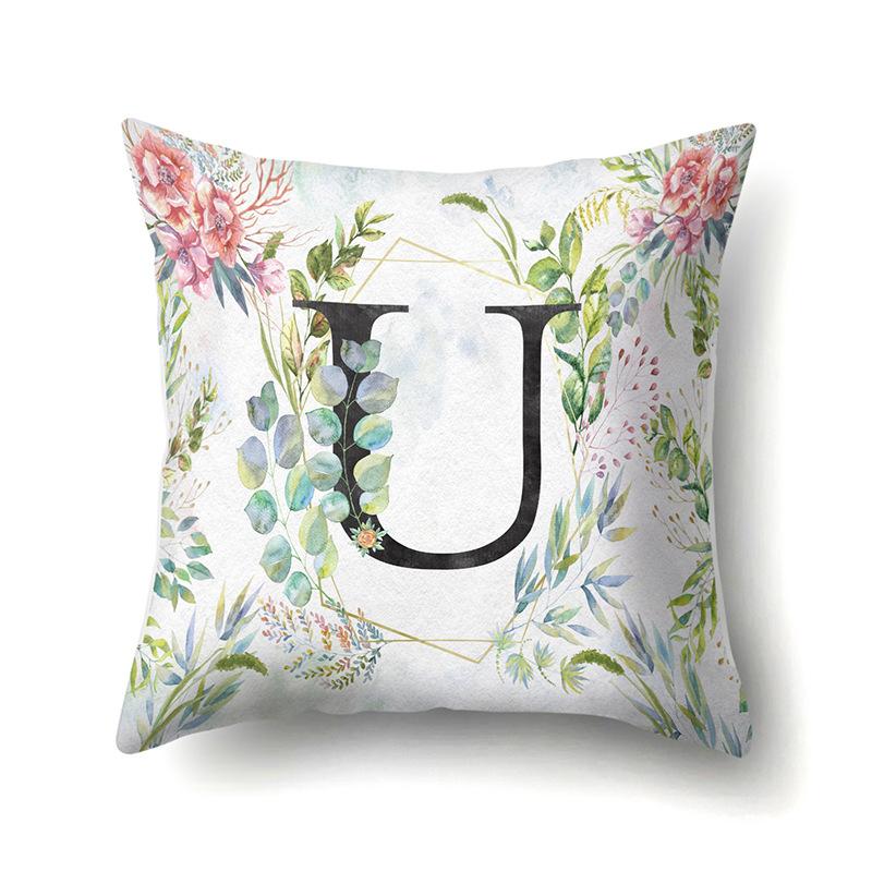 Polyester Pillowcase Green Leaf Decorative Print Pillowcase 26 English Letter Cushion Cover