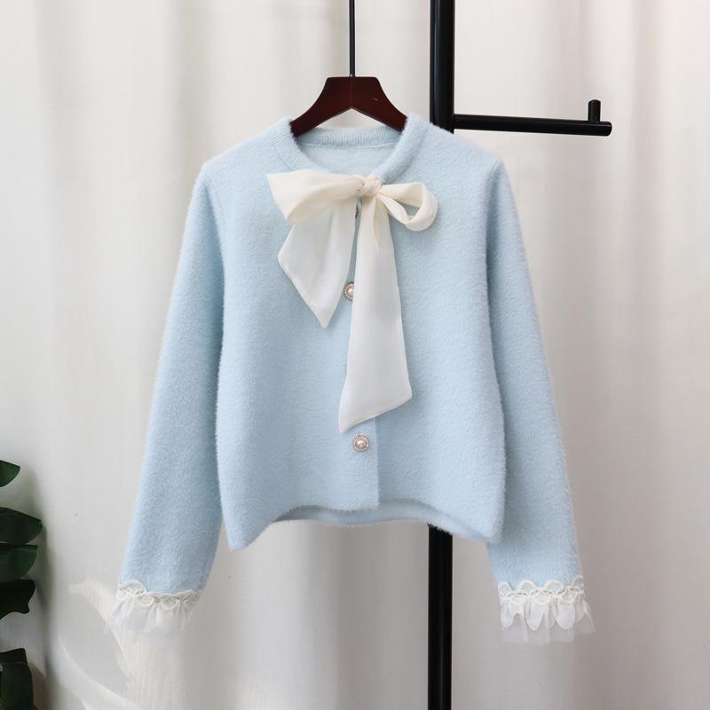 Imitation Mink Fleece Sweater Jacket Spring New Bow Splicing Lace Knitted Cardigan Women