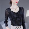 2025 Spring/Autumn Rose Print Square Neck Mesh Blouse - Long Sleeve Women's Fashion Top