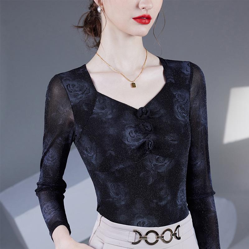 2025 Spring/Autumn Rose Print Square Neck Mesh Blouse - Long Sleeve Women's Fashion Top