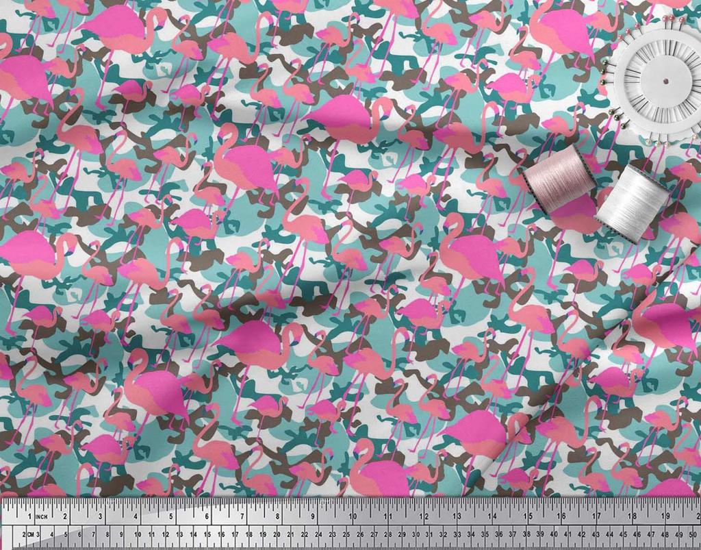 Soimoi Japan Crepe Satin Fabric Camouflage Texture & Flamingo Bird Printed Craft Fabric by the Metre 42 Inch
