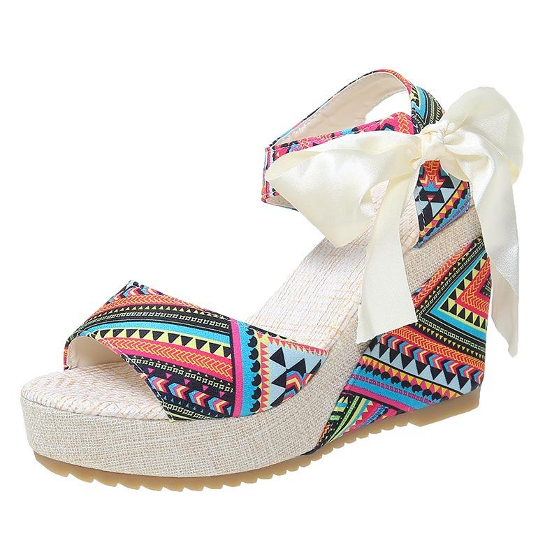 Wedge heel platform sandals women's spring and summer new fish mouth open-toed bow colorful sandals