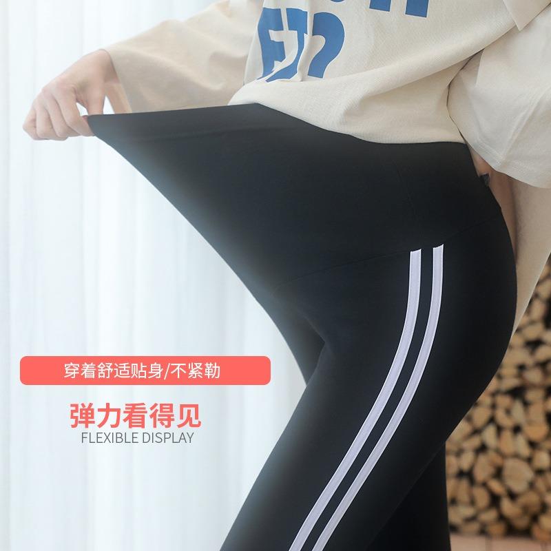 Fleece thickened maternity wear cotton outer wear support striped leggings spring and autumn pants large size maternity nine-point pants