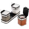 DEAYOU 3 Pack Glass Seasoning Box with Tray, Clear Condiment Canister with 18/10 Stainless Steel Lid and Spoon, Kitchen Spice Pot with Base, Salt