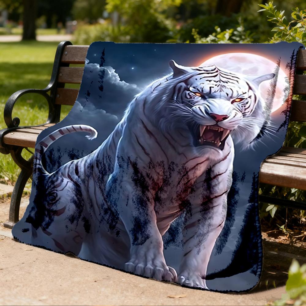 1pc White Tiger Moon Print Throw Blanket Polyester Fiber, Lightweight Flannel, Soft & Warm, All Season Use for Outdoor, Camping Digital Print
