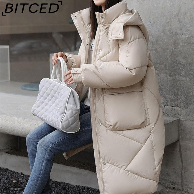 BITCED Thickened Puffer Jacket Down-Filled Cotton Coat Women's Loose-Fit Winter Coat Mid-Length Knee-Length Cotton Jacket