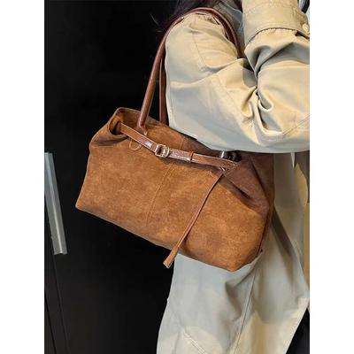 Bolsa de camurça para mulheres vintage casual grande capacidade para viajar senhoras simples marrom bolsa de ombro única