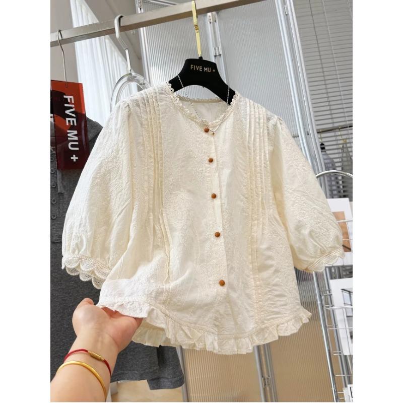 

Womens Lace Trim Embroidered Puff Sleeve Button Down Blouse S абрикосовый