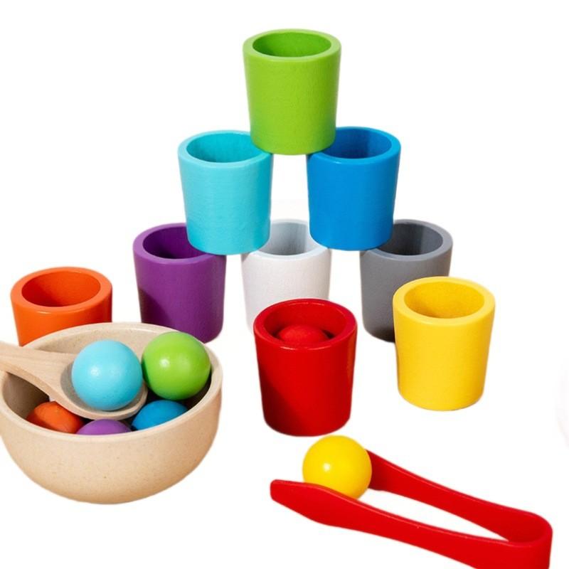 Wooden Montessori Baby Educational Toy With Color Sorting Cups For Toddler Learning