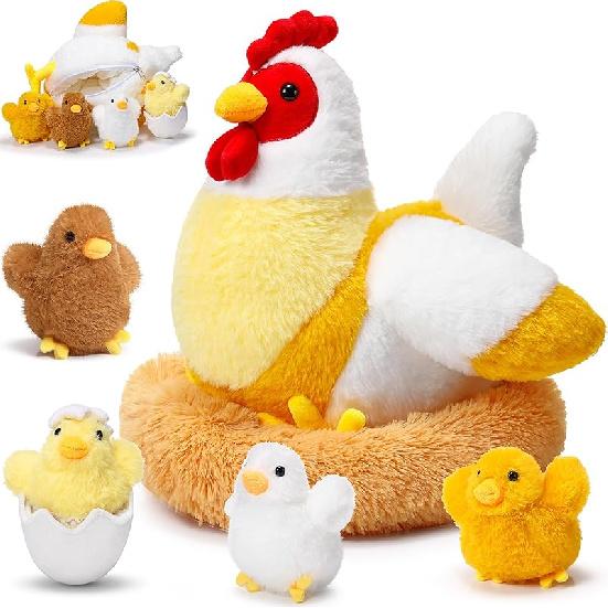 Skylety Chicken Stuffed Animal Plush Toy Egg Laying Hen with Zippered Belly, Hen House and Little Baby Chicks for Christmas Decorations Stuffers