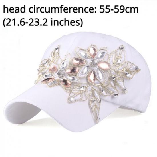Women Adjustable Baseball Cap Casual Diamond Hat Applique Flower Crystal Hip Hop