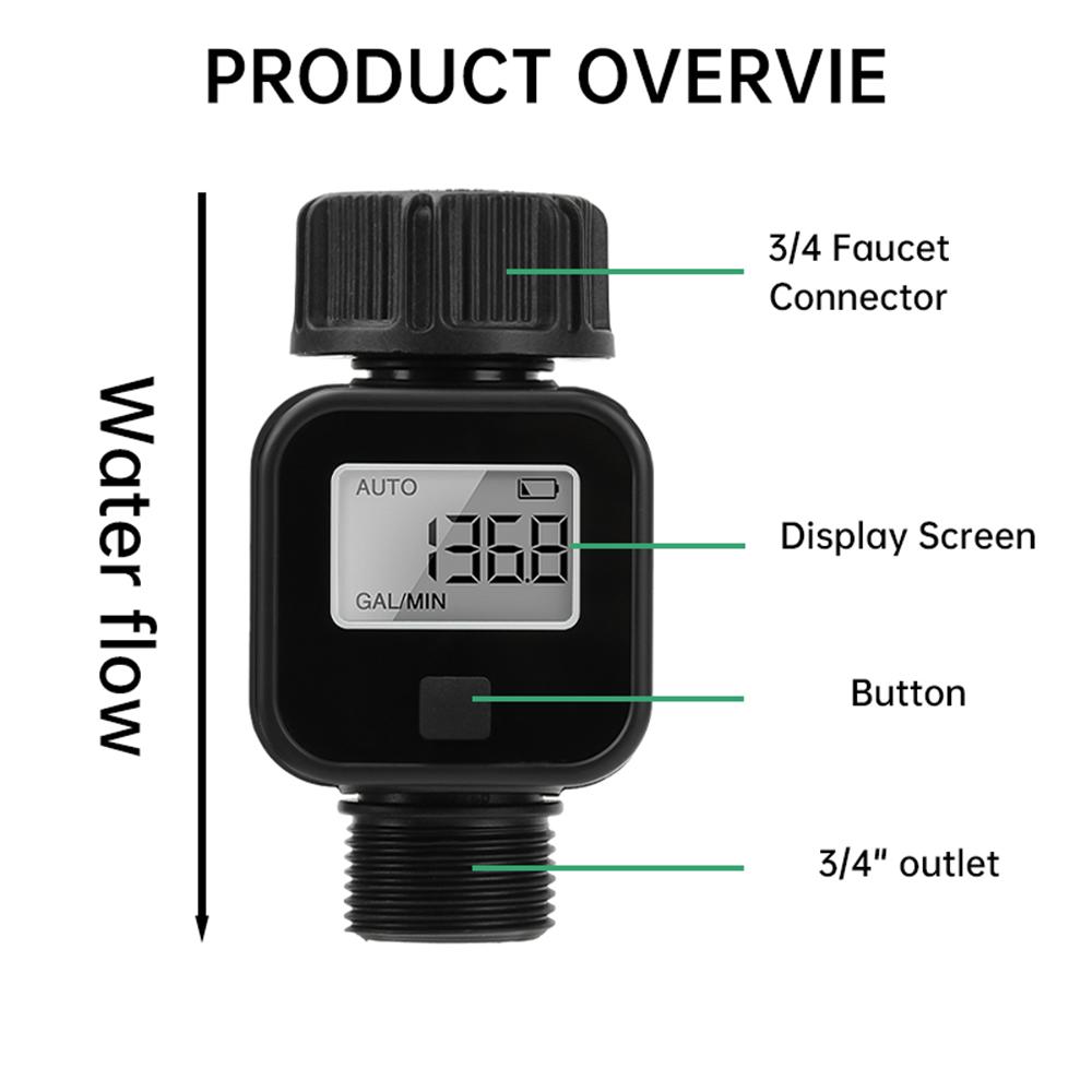 Digital Water Flow Meter IPX6 Outdoor Garden Hose Water Calculate Consumption Water Flow Rate 1/1" BSP Thread Quick Connectors