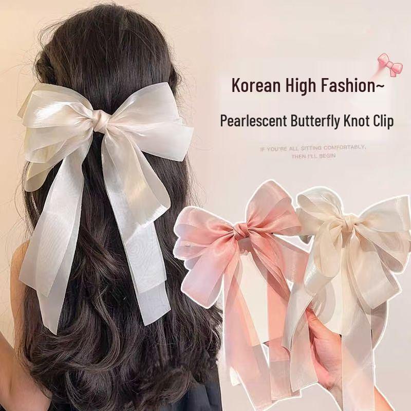 Pearlescent Sand Large Ribbon Bow Hair Clip - 2026 High-End Duckbill Clip Hairpin