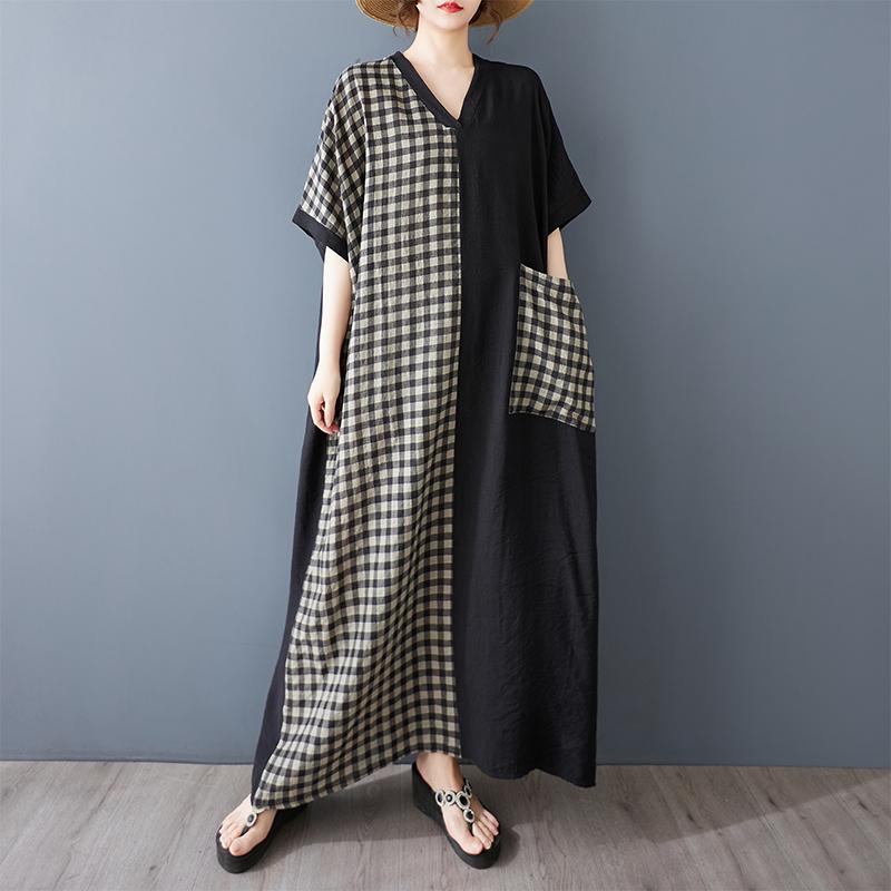 DIMANAF 2025 Plus Size Summer Women Long Dress Oversized Vintage Basic Plaid V-Neck Casual Loose Dress