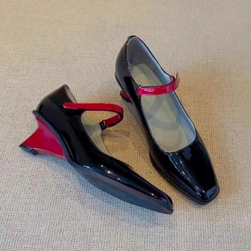 Thick Wedge Mixed Color Design Brand Mary Jane Shoes Women Elegant Backless Dress Shoes Comfort Square Toe Buckle Office Pumps