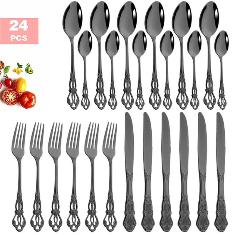 24PCS Vintage Tableware Cutlery Set Dinner Knife Fork Spoon Flatware Set Western Style Luxury Engraving Dinnerware with Rack Set