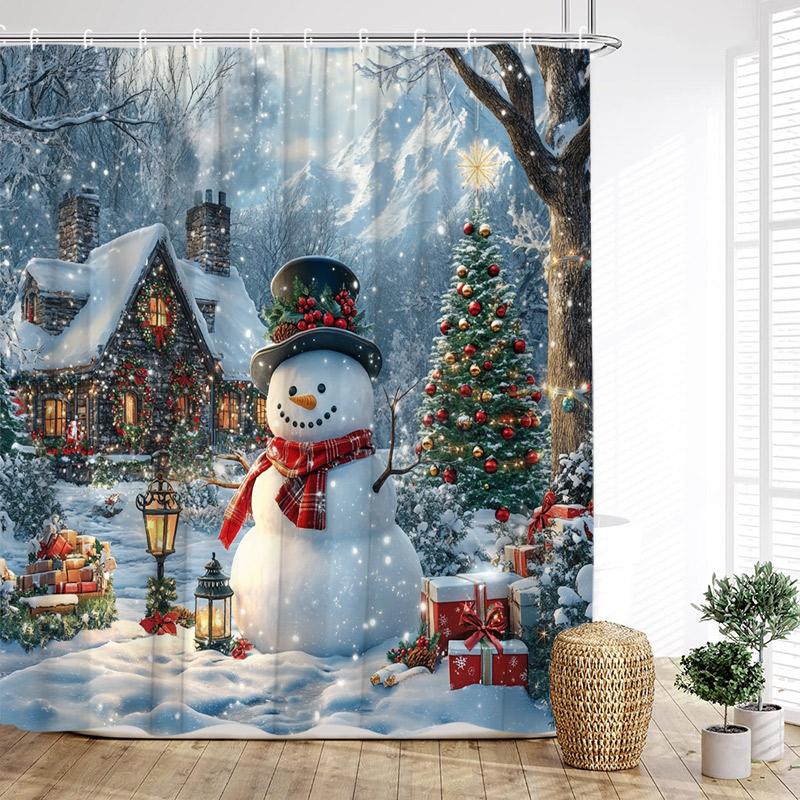 Forest Cute Snowman Shower Curtain Red Bird Berry Squirrel Winter Snow Christmas Bath Curtains Fabric Bathroom Decor with Hooks
