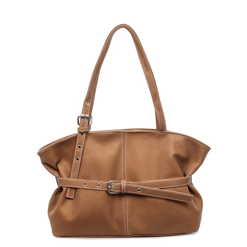Womens Casual PU Leather Tote Bag Belt Buckle Detail Stitch Accent Large Capacity Minimalist Daily Bag for Commute Travel Everyday Use Durable