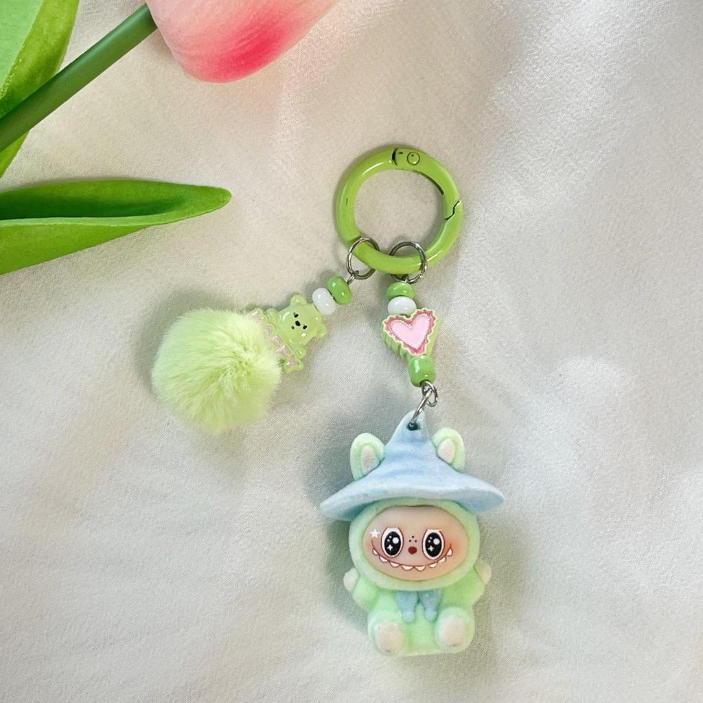 Flocking Labubu Doll Keychain - Cute 3-Year-Old Grain Doll DIY Mobile Phone Jewelry Accessory