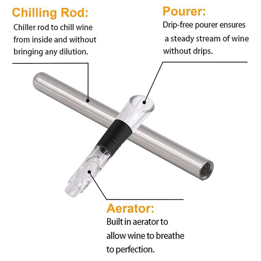Wine Chiller Stick Stainless Steel Wine Bottle Cooler with Aerator and Pourer Rapid Bottle Chilling Rod for Cooling & Aerating