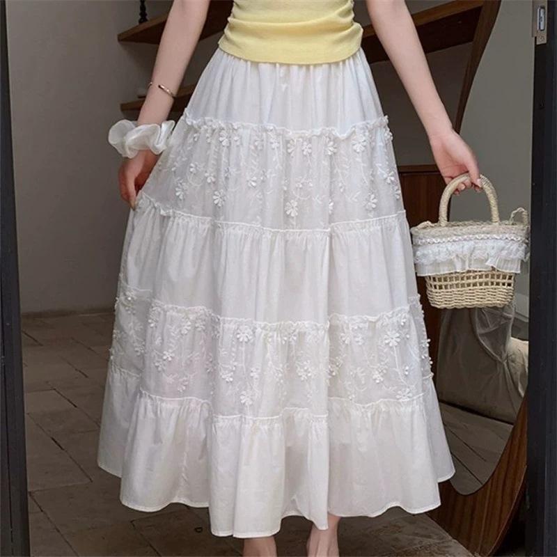 Lace new French thin splicing dress summer skirt white 2026 cake high waist embroidered umbrella skirt