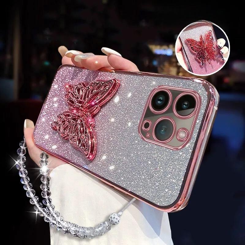 3D Butterfly Phone Holder Crystal Bracelet Glitter Plating Case for Iphone 15 14 13 12 Mini 11 Pro XS Max XR 8 7 Plus Cover