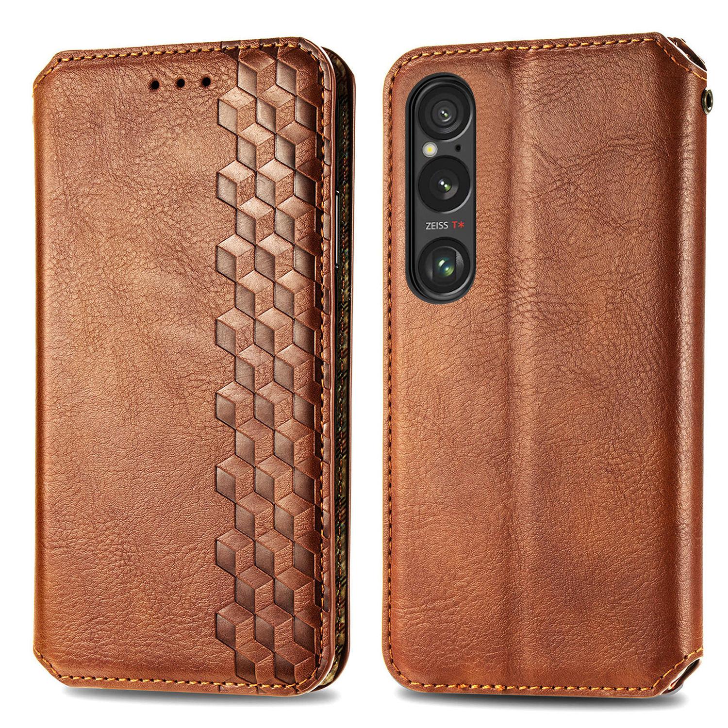 

For Sony Xperia 1 VI PU Leather Case Rhombus Imprint Wallet Stand Phone Cover Brown