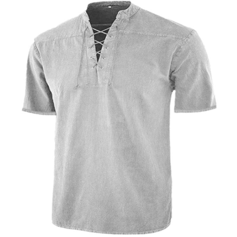 Summer Men's Cotton Linen 100% Shirt Solid Color Lace-up Turn-down Collar Shirt Linen Shirt Top