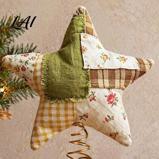 Fabric Star Ornament Christmas Tree Topper Patchwork Plush Stuffed Xmas Handmade Cloth Topper for Winter Holiday Party Home Decor