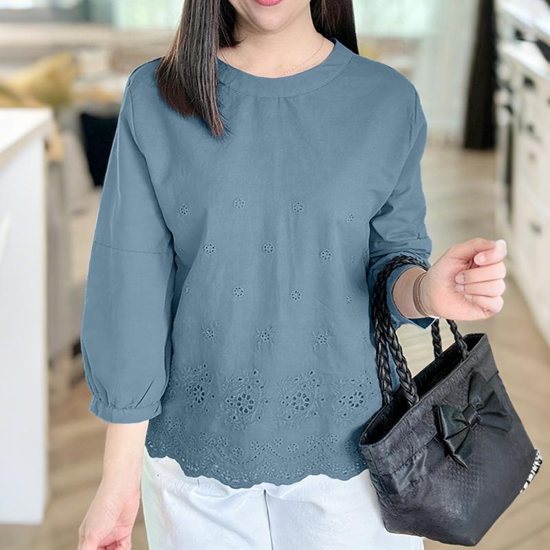 

ZANZEA Women Casual Round Neck 3/4 Sleeve Splice Crochet Blouse 4XL синій
