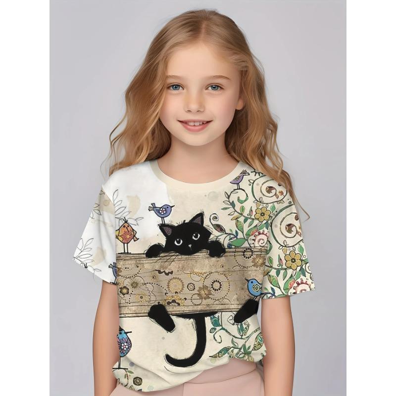 Children's Clothing Girl Cute 3D Printed Short Sleeved T-shirt Comfortable Round Neck Casual Top