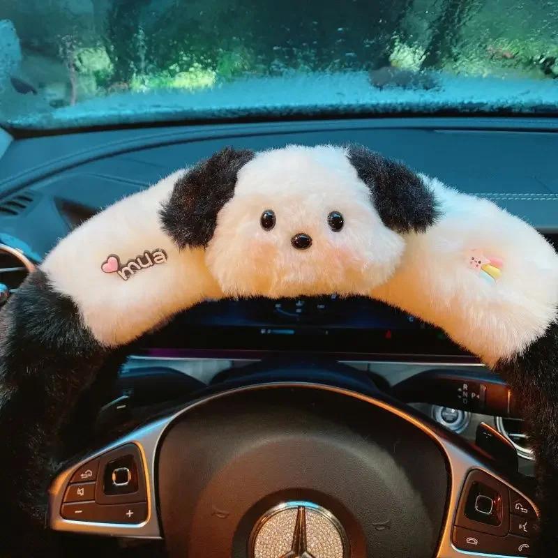 Winter Cute Pochacco Car Steering Wheel Cover Warm Plush Cartoon Anti Slip Handle Cover for Men and Women Cute Car Accessories