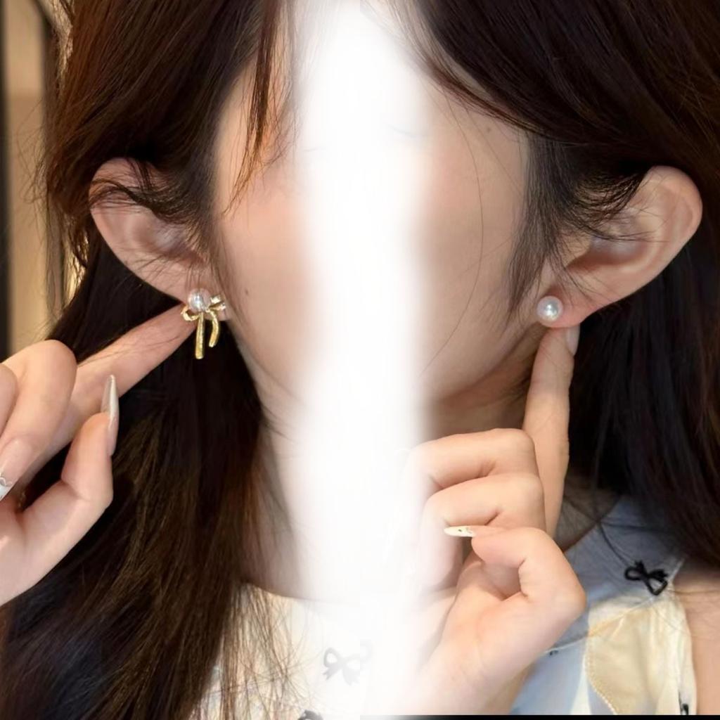 New high-end two wearing bow pearl stud earrings Korean version sweet temperament earrings earrings women