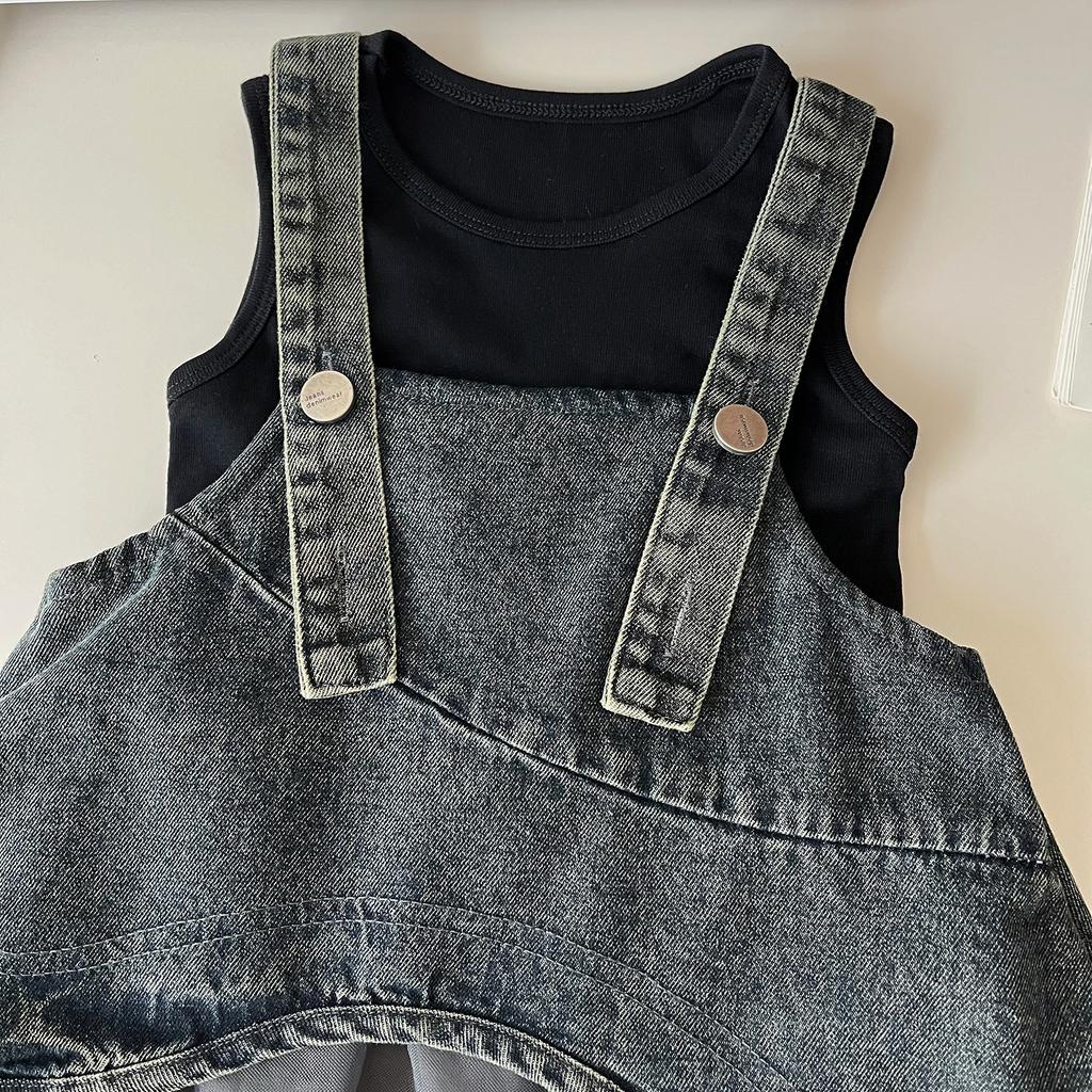Girls' Summer Set Korean Denim Mesh Dress+vest Princess Two-piece Set Trendy