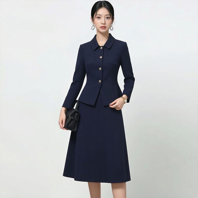 Women's Navy Polo Collar Blazer Suit Set