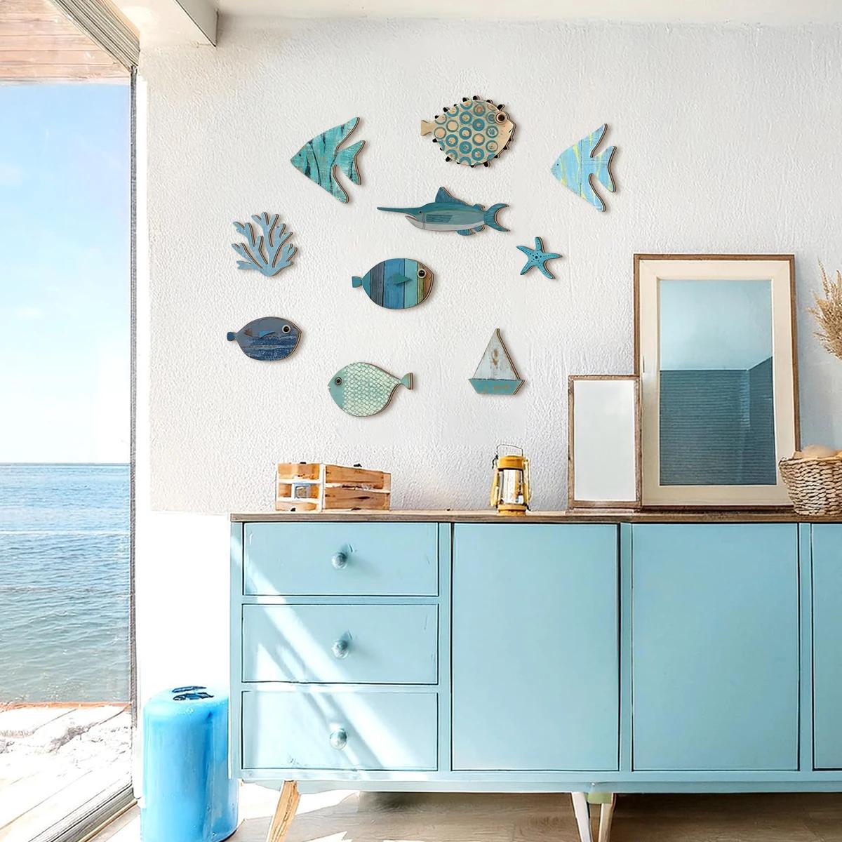 Lot De 2 Décorations Murales Poisson En Bois Bleu Et Blanc - Style Nautique Côtière Pour Maison, Lac Ou Salle De Bain