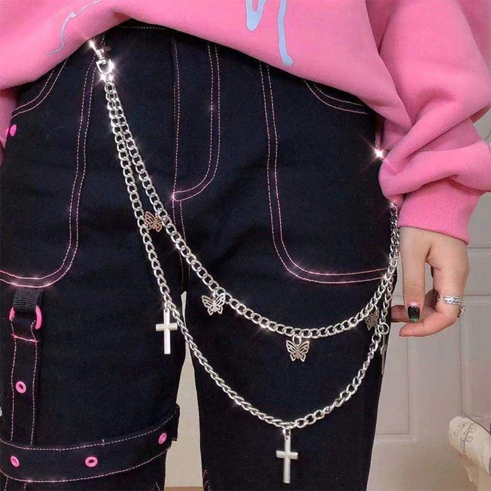 Gothic Punk Street Belt Multi-layer Metal Alloy Multi-layer Trousers Multi-layer Chain Keychain Detail Hip Hop Crochet Pants
