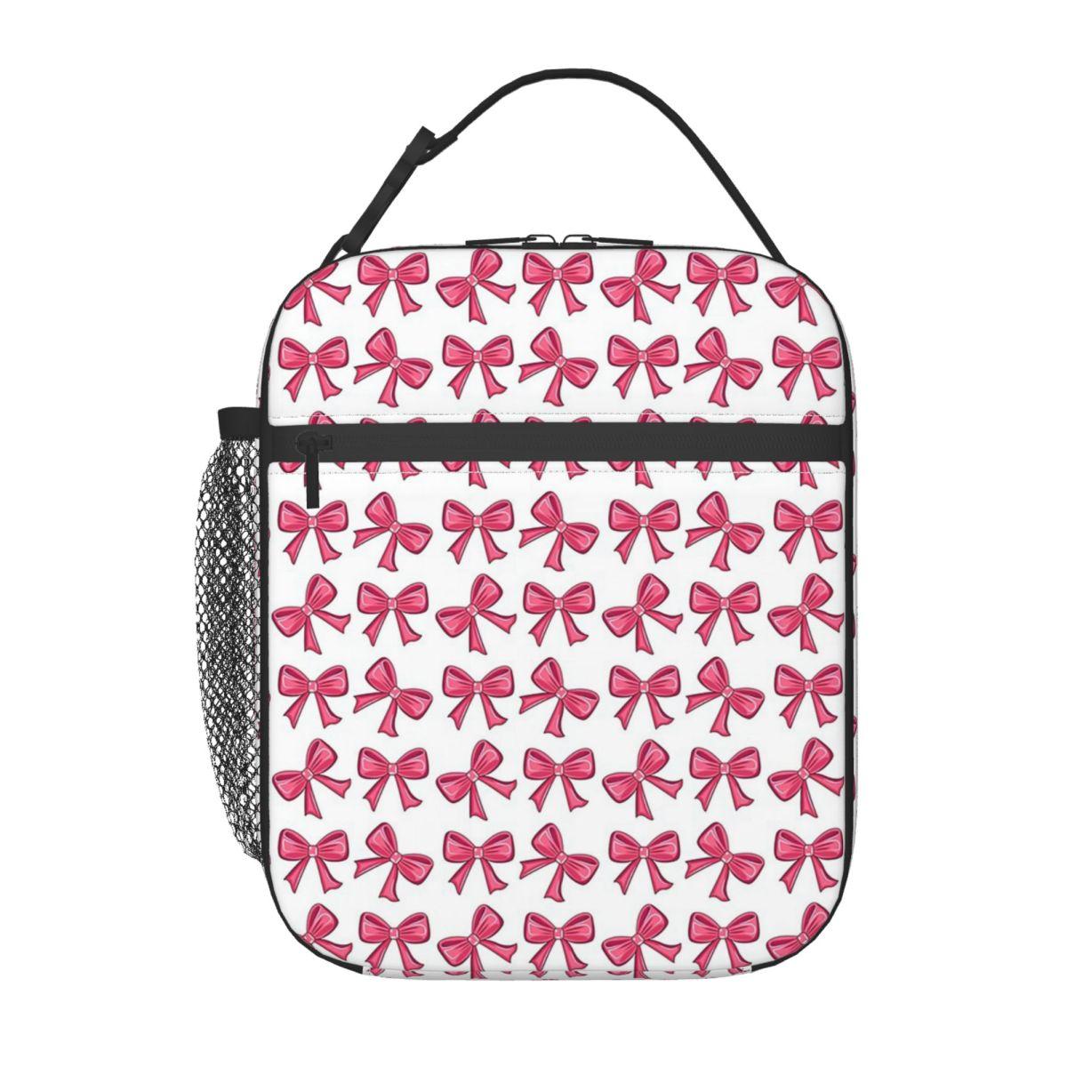 

Pink Bow Pattern Insulated Lunch Bag for Women Children Portable Food Boxes Thermal Lunch Box Tote One Size