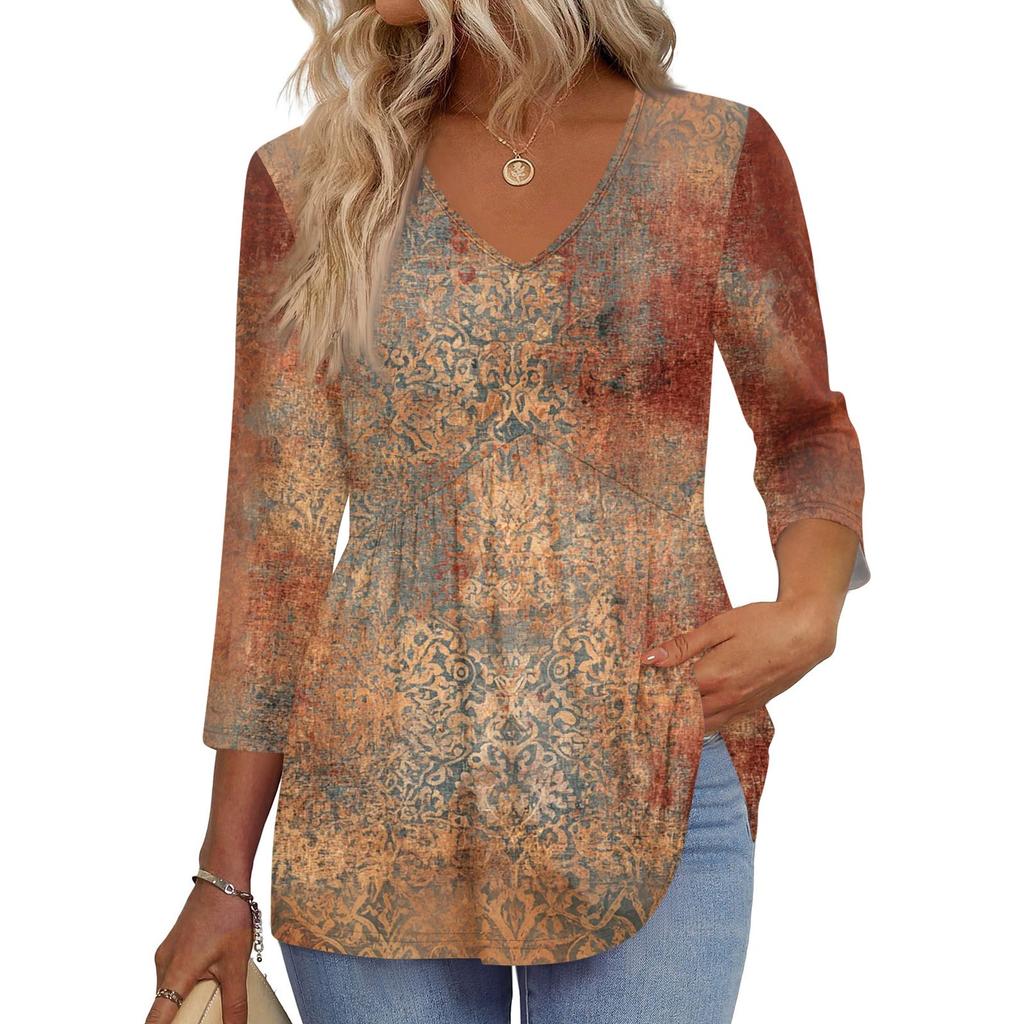 Women's T Shirt Print 3/4 Sleeve Fashion Basic V- Neck Regular Top