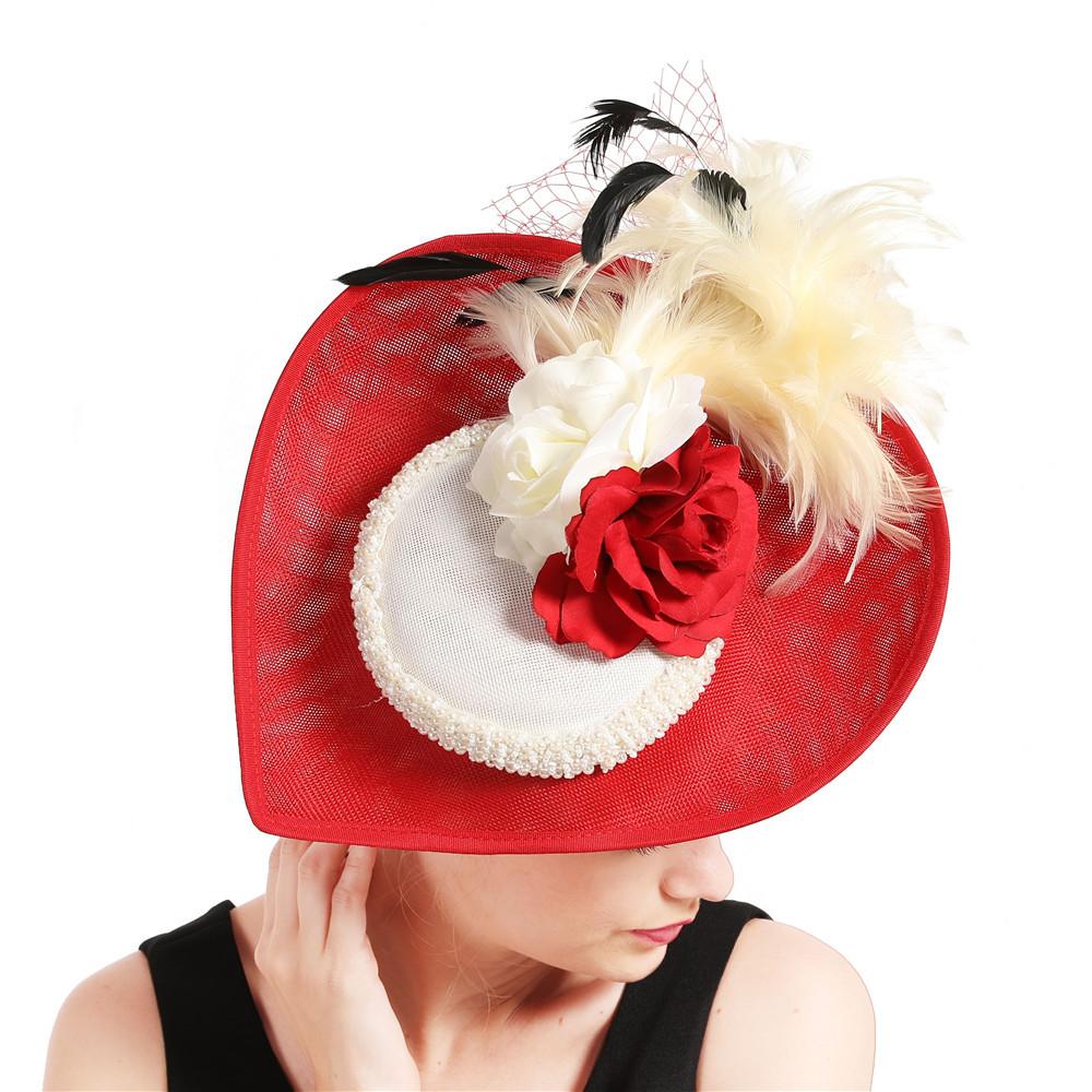European And American Burgundy Imitation Hemp Yarn Headgear Bridal Hair Accessories Banquet Photo Top Hat Feather Headgear