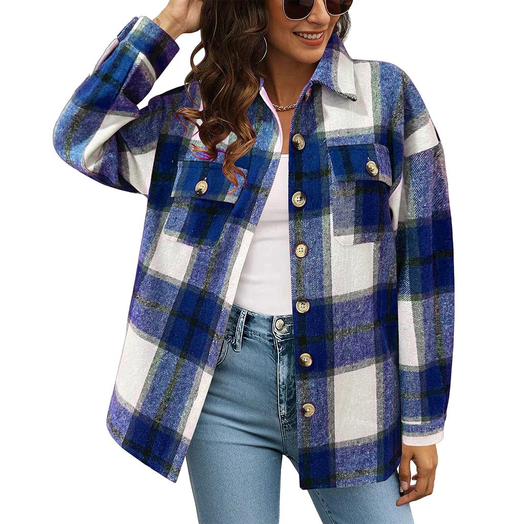 Women's Checkered Button Long Sleeved Loose Casual Shirt Jacket