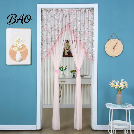 Polyester Sheer Window Dressing Lace Door Curtain, Embroidered Floral Doorway Curtain with Beads, Easy Install Renters Rod Pocket Room Divider