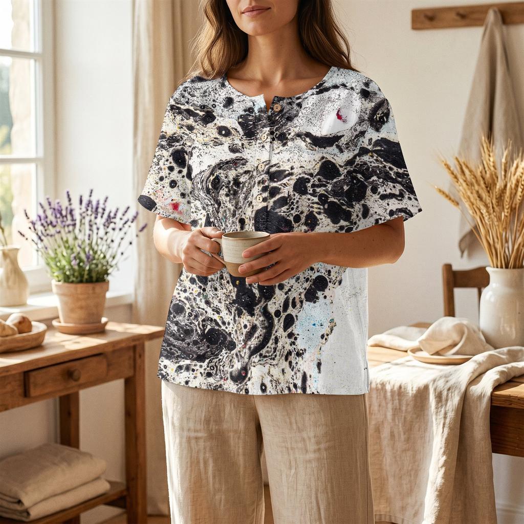 Damenmode Bedrucktes kurzärmeliges Baumwoll-Leinen-Henley-Shirt mit Knopfleiste und Brusttasche für Freizeitkleidung
