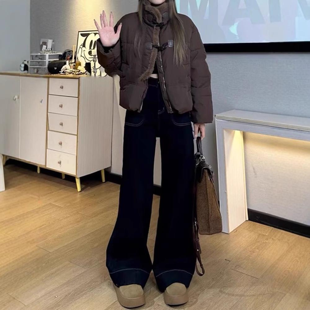 Pear-shaped Body Large-size Wide-leg Jeans for Women In Autumn and Winter Black Elastic Loose Slimming Straight Floor Trousers